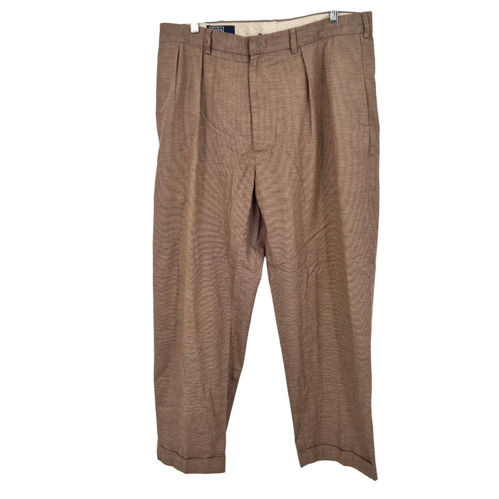 Polo Ralph Lauren Mens 36x30 Brown Pleated Cotton Cuffed Dress Pants Trousers